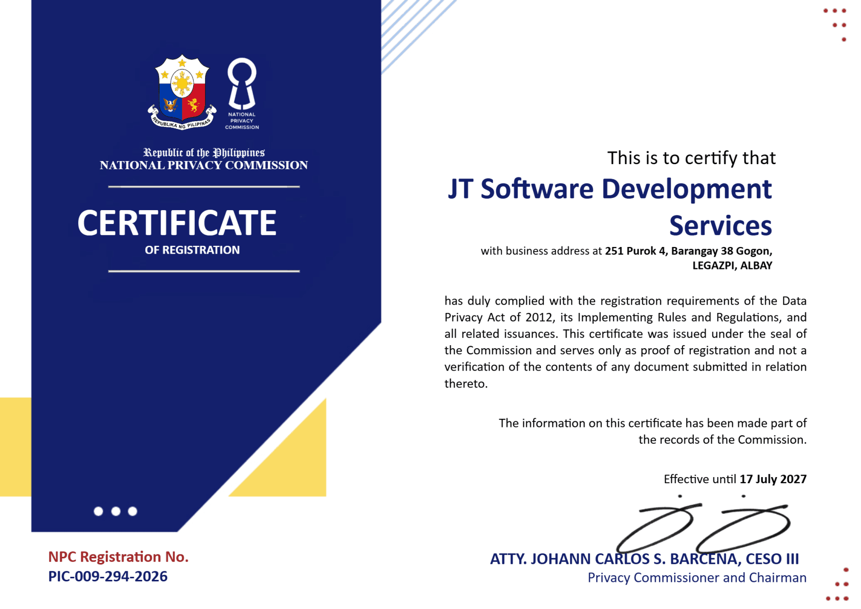 National Privacy Commission Certificate of Registration for JT Software Development Services, Registration No. PIC-009-294-2026, effective until 17 July 2027